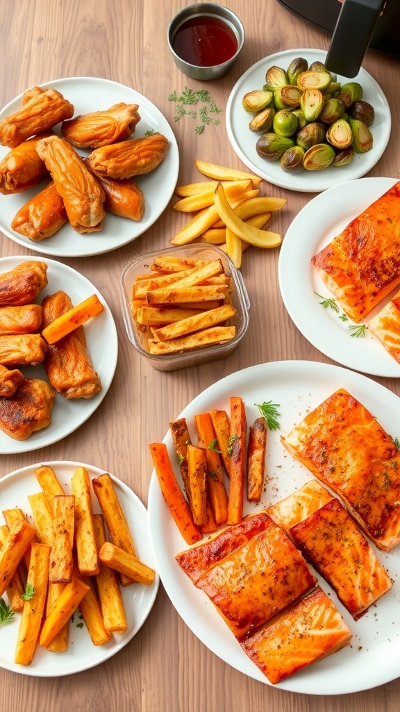 Delicious Air Fryer Meal Ideas A variety of air fryer meals including chicken wings, sweet potato fries, and roasted vegetables on a wooden table.